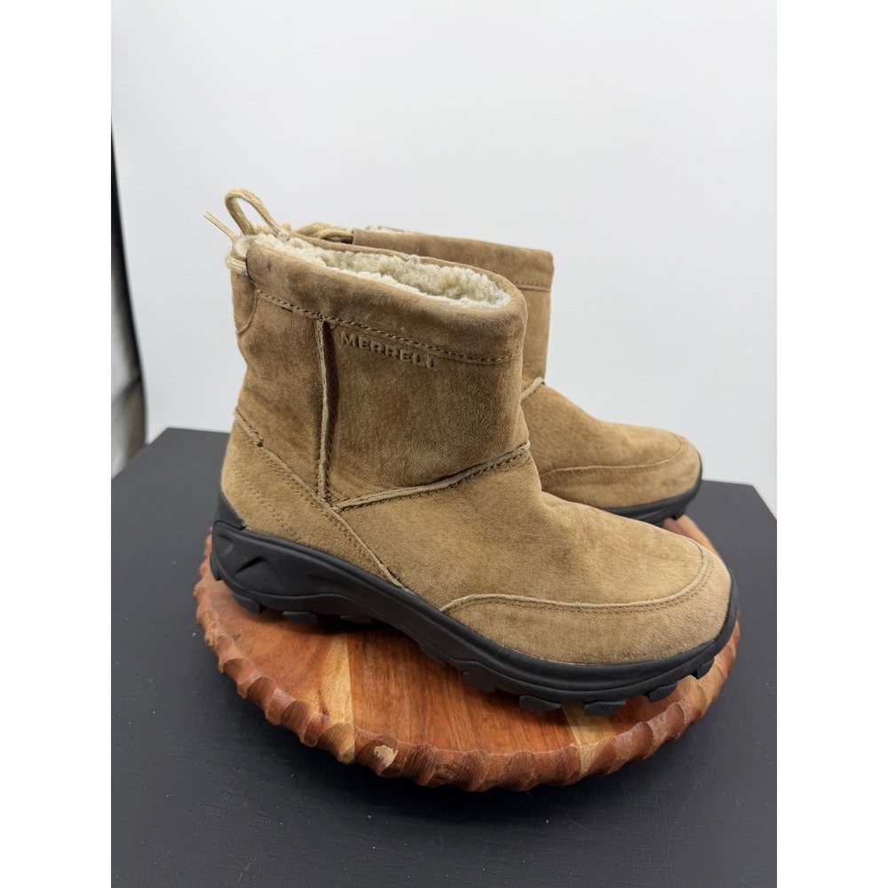 Merrell winter pull on Mid Boots Mens 9.5 camel Suede Faux Fur Lined J00455